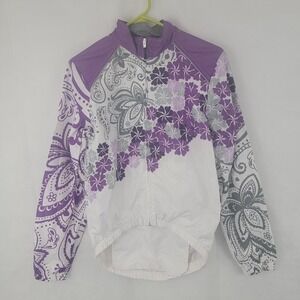 CANARI Womens Cycling Windbreaker Sz SMALL Full Zip Pocket Purple Floral Gray